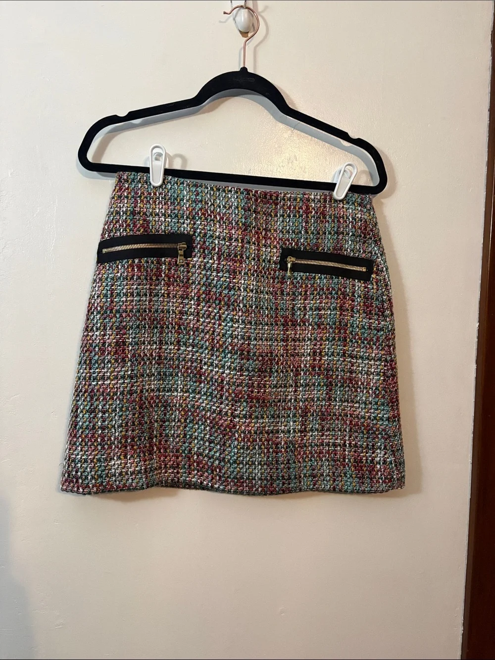 NWT: LOFT Multicolor Tweed Mini Skirt with Black Zip Trim